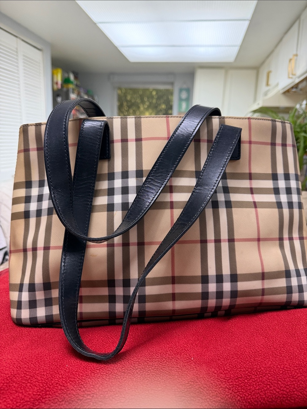 Burberry Beige Check Tote with Black Leather Handles - Picture 3 of 6